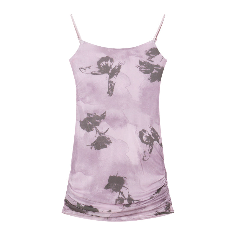 Zllkl Lariel Purple Tie-Dye Butterfly Print Slip Mesh Slim Spaghetti Strap Mini Dress