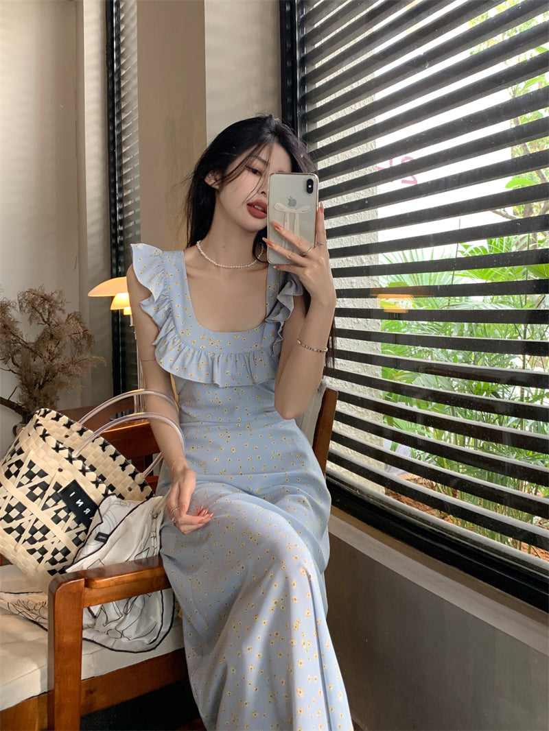 Zllkl Kia Solid Color Blue Floral Square Neck Slip Wide Ruffle Flying Sleeve Backless A-Line Long Dress