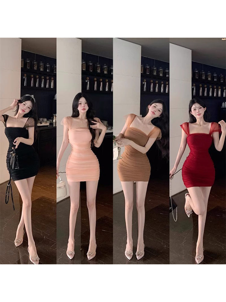 Zllkl Jianna Solid Color Square Neck Mesh Short-Sleeved Slim Mini Dress