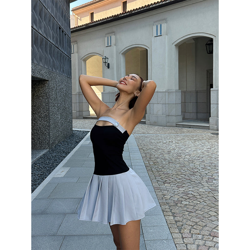 Zllkl Latiana Contrast Color Haze Blue Paneled Bandeau Stretch Pleated Mini Dress