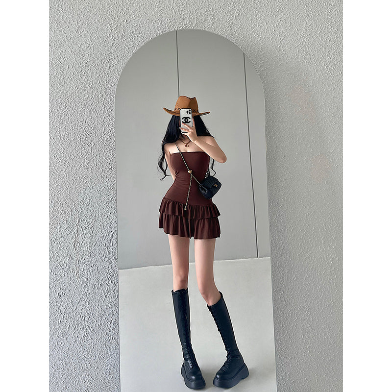 Zllkl Naya Solid Color Slim Folds Bandeau Double Ruffled Layer Mini Dress