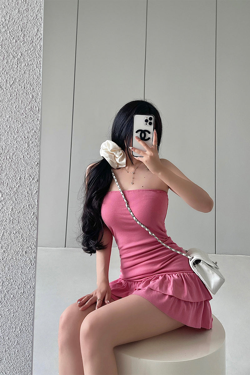 Zllkl Naya Solid Color Slim Folds Bandeau Double Ruffled Layer Mini Dress