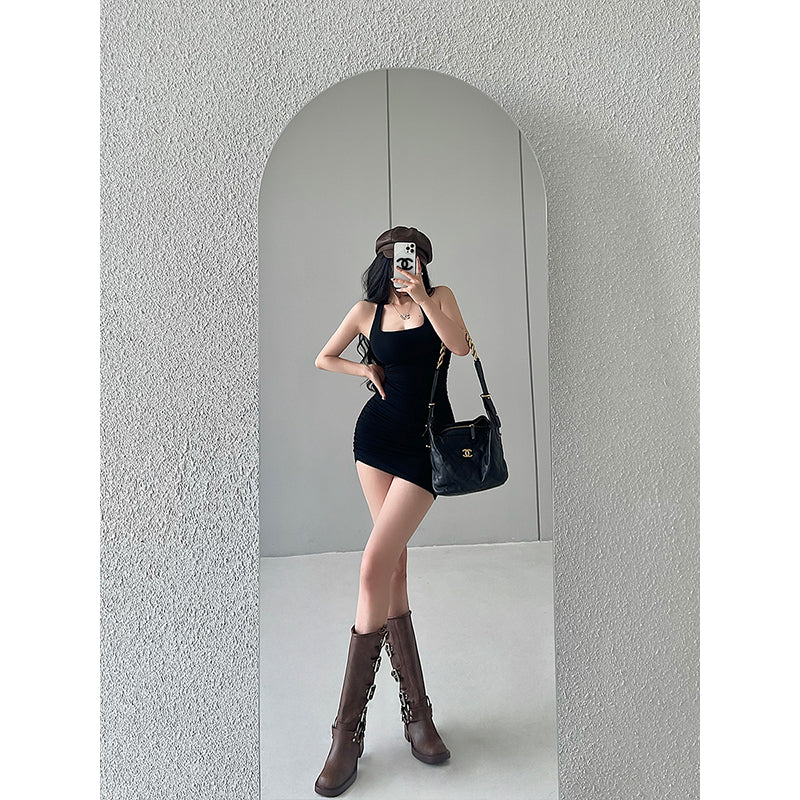 Zllkl Devena Solid Color Pleated Halter Backless Sleeveless Slim Mini Dress
