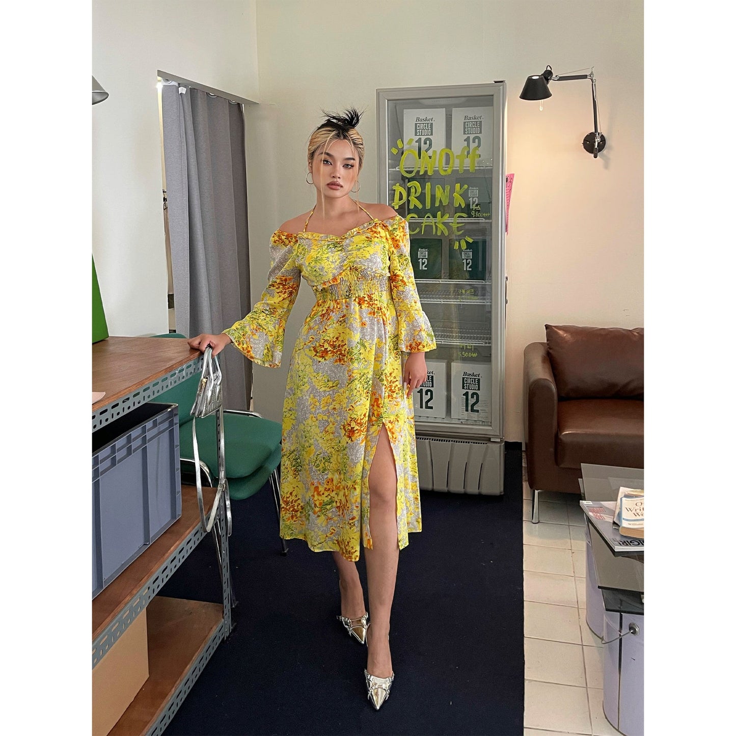 Zllkl Naoum Plus Size Sun Bright Yellow Floral Front Cross V-Neck Short Sleeve Side Slit Long Dress