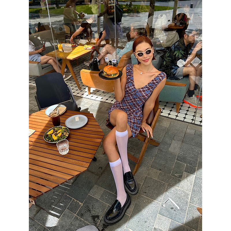Zllkl Grazelda Blue Plaid Retro V-neck Backless Off-the-Shoulder Wide Sleeve A-line Mini Dress