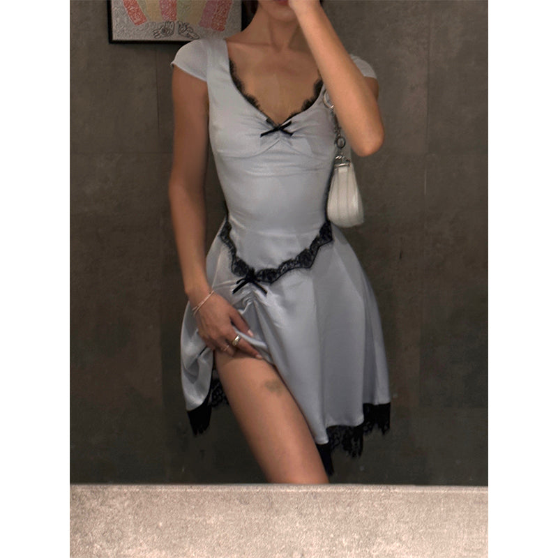 Zllkl Diaz Contrast Color French Haze Blue Lace Irregular Short Sleeve Balletcore Mini Dress