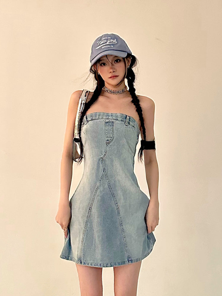 Zllkl Oriel Denim Blue Washed Vintage Sleeveless Bandeau Mini Dress