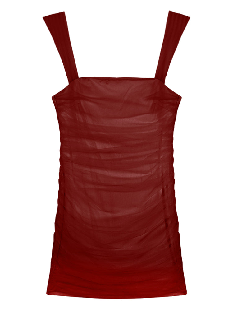 Zllkl Jianna Solid Color Square Neck Mesh Short-Sleeved Slim Mini Dress