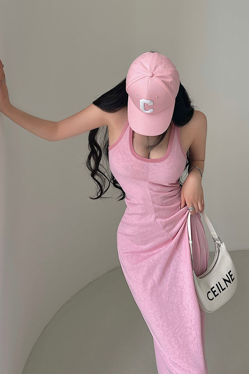 Zllkl Nia Solid Color U-Neck Cinched Waist Wide Strap Halter Slim Long Midi Dress