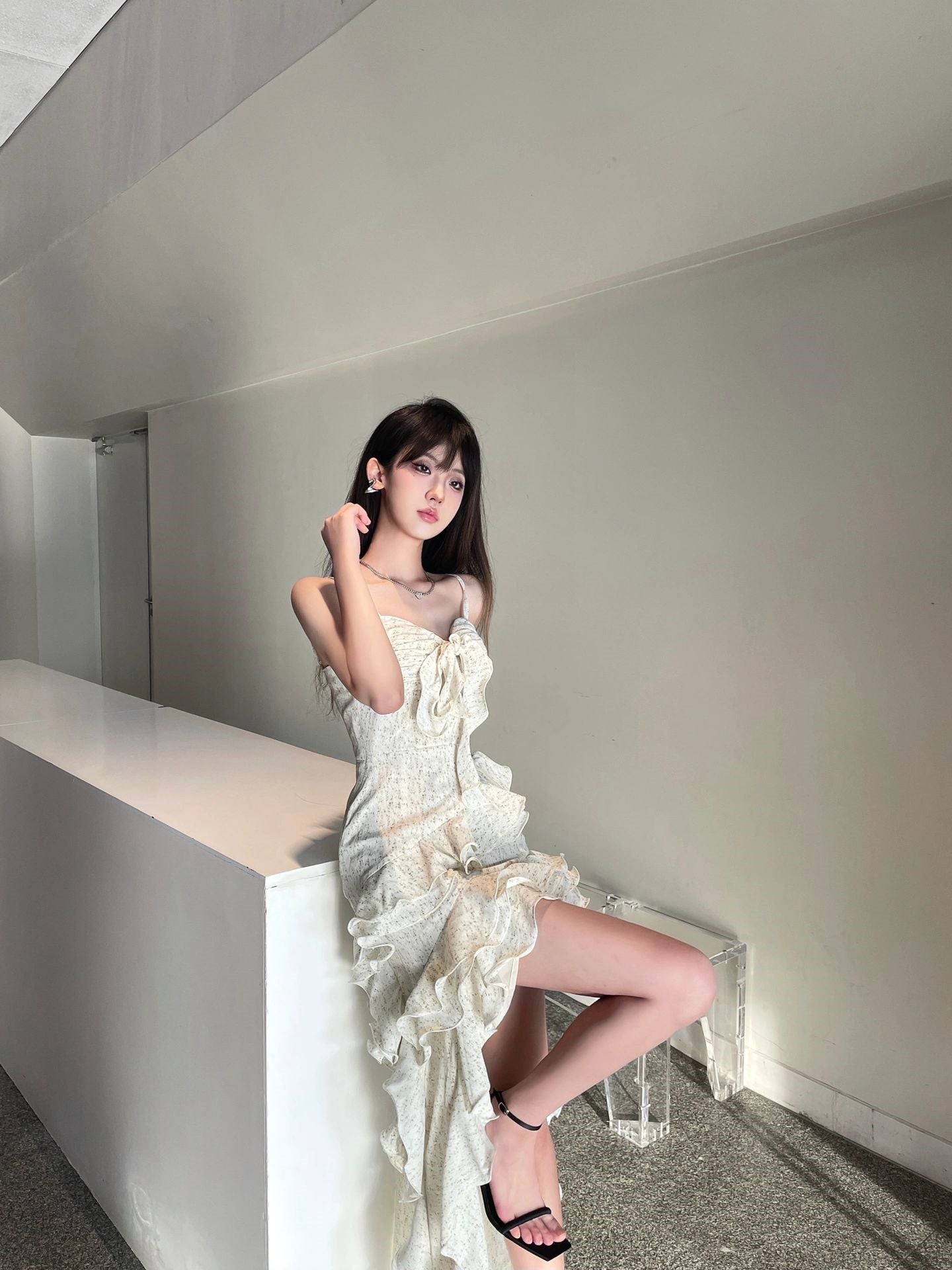 Zllkl Paula Floral V-Neck Spaghetti Strap Irregular Cut Out Ruffle Short Front Long Back Dress