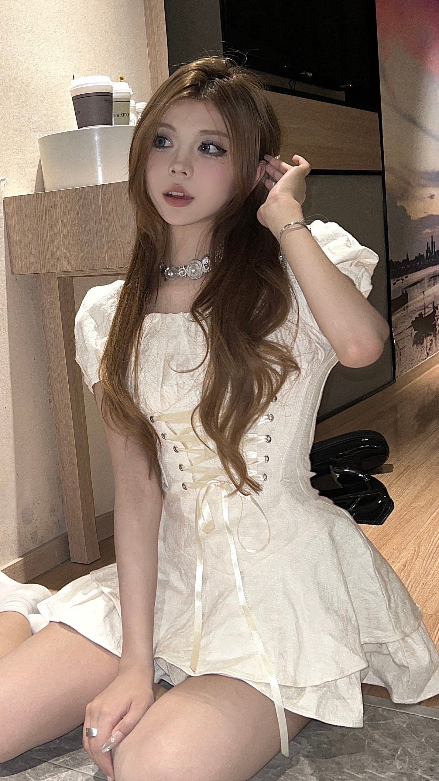 Zllkl Lala Solid Color Apricot Short Puffed Sleeve Lace Up Waist Double Layer Mini Dress