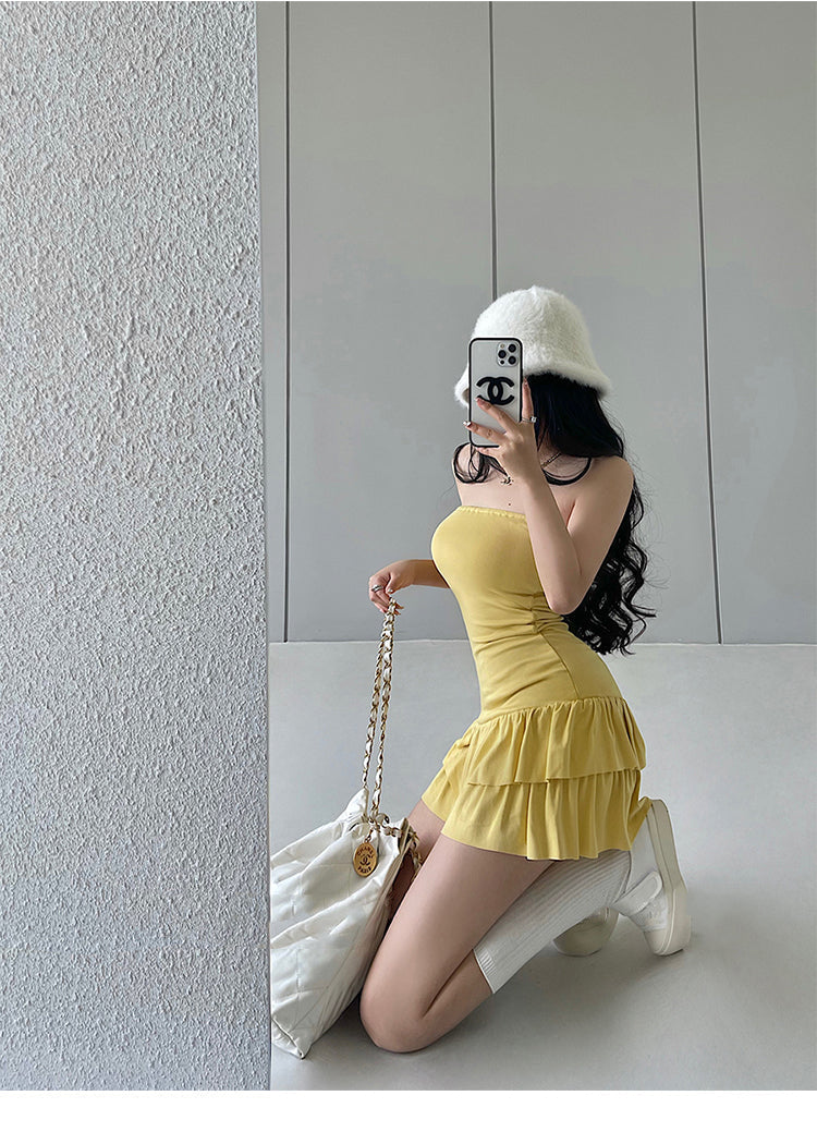 Zllkl Naya Solid Color Slim Folds Bandeau Double Ruffled Layer Mini Dress