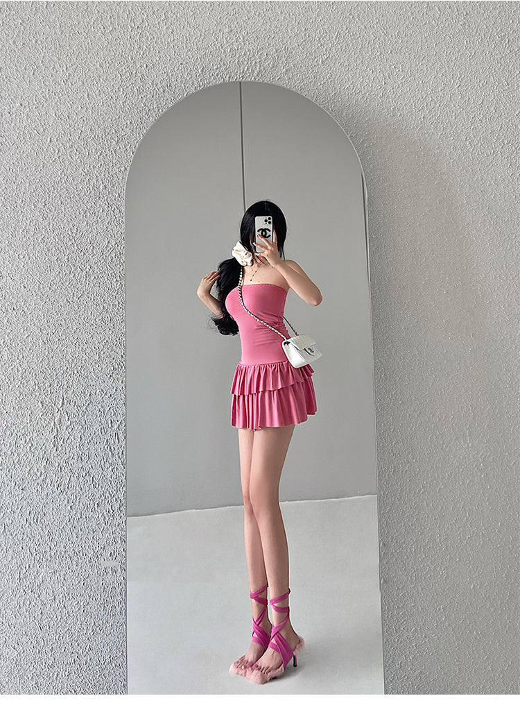 Zllkl Naya Solid Color Slim Folds Bandeau Double Ruffled Layer Mini Dress