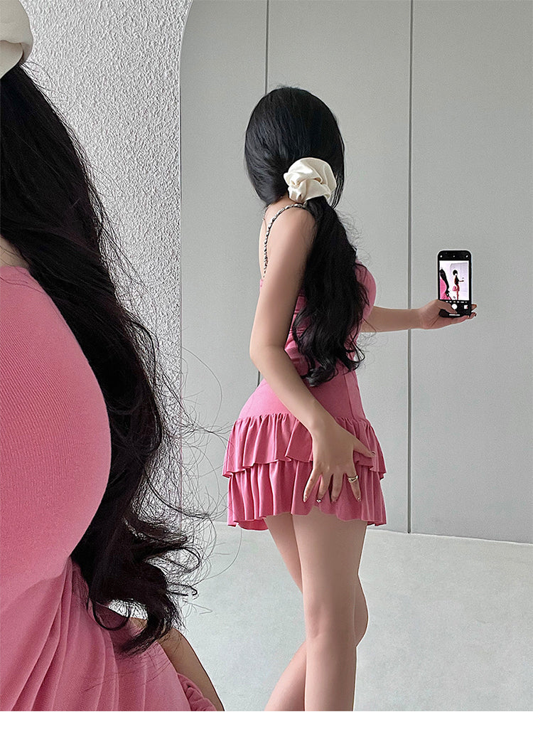 Zllkl Naya Solid Color Slim Folds Bandeau Double Ruffled Layer Mini Dress