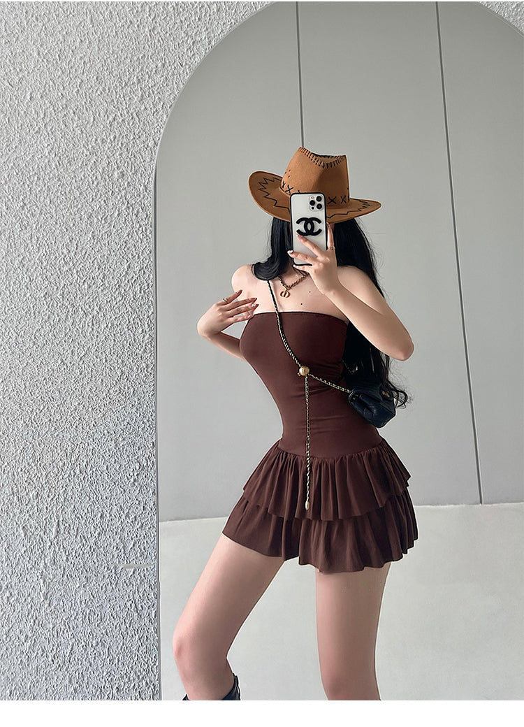 Zllkl Naya Solid Color Slim Folds Bandeau Double Ruffled Layer Mini Dress