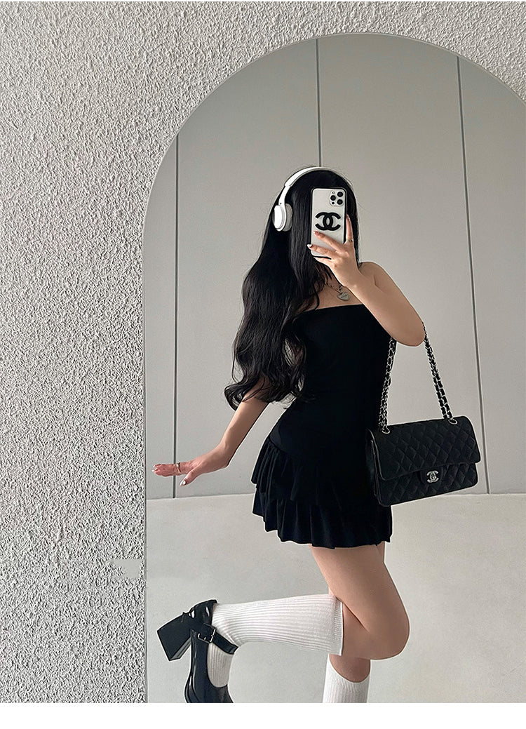 Zllkl Naya Solid Color Slim Folds Bandeau Double Ruffled Layer Mini Dress