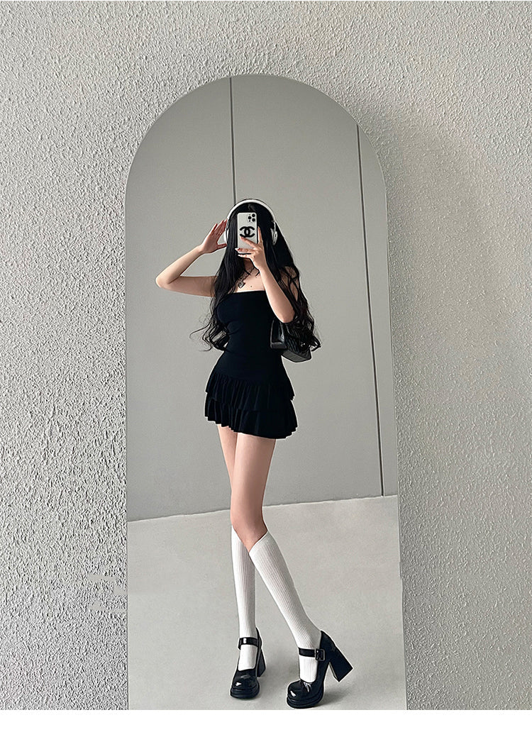 Zllkl Naya Solid Color Slim Folds Bandeau Double Ruffled Layer Mini Dress