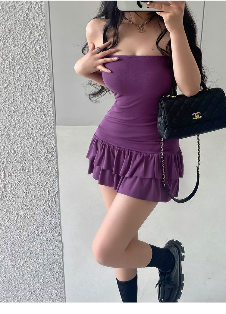 Zllkl Naya Solid Color Slim Folds Bandeau Double Ruffled Layer Mini Dress