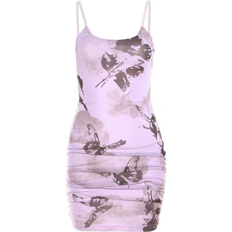 Zllkl Lariel Purple Tie-Dye Butterfly Print Slip Mesh Slim Spaghetti Strap Mini Dress