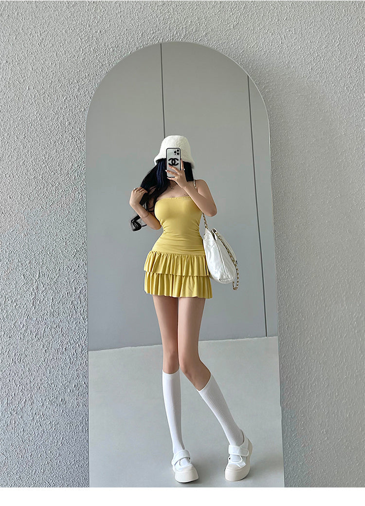 Zllkl Naya Solid Color Slim Folds Bandeau Double Ruffled Layer Mini Dress