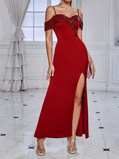 Elegant Fitted Sequined Sweetheart Neck Slim Dress - Micro Elasticity, Spaghetti Strap, Split Thigh, Backless, Solid Color Polyester - Perfect for Wedding, Evening, Occasion, Engagement, Ceremony, Party and Banquet