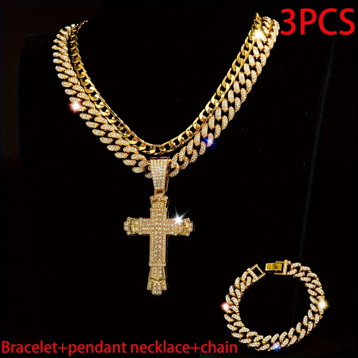 Multilayered Chain Bracelet & Pendant Necklace Set - Rhinestone Embellished, Zinc Alloy Made, Street Style Unisex Jewelry Gift for Women Men - Perfect for Everyday Wear