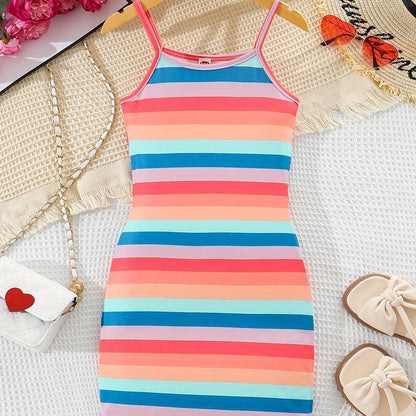 Colorful Stripe Dress - Bodycon Slim Fit Design, Adjustable Spaghetti Straps, Slip-on Style - Perfect for Little Girls and Tweens, Ideal Summer Gift for Birthday Parties, Outdoor Playdates, or Casual Occasions