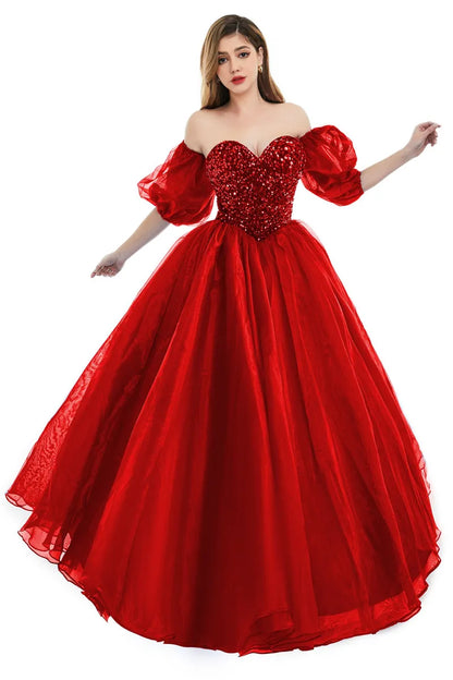 Sexy Backless Royal Blue A Line Prom Dresses  New Sequins Beads Sweetheart Corset Back Evening Quinceanera Gowns With Poet Sleeves BM3503