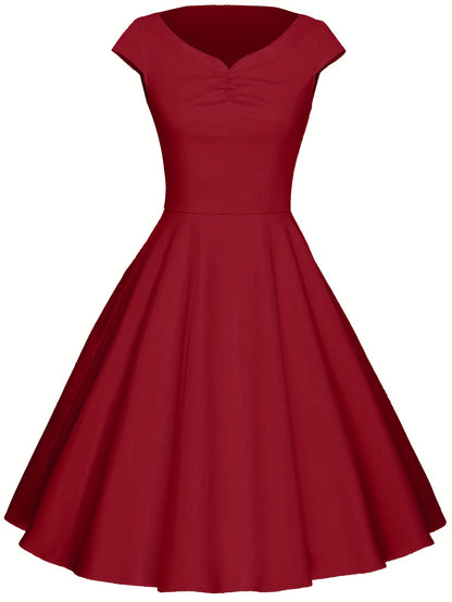 Vintage Short Sleeve Ruched Bridesmaid Dress - Fitted, Cotton, Micro Elasticity, Notched Collar, Solid Color - Hand Washable, Perfect for Wedding Party