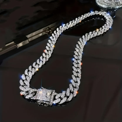 1pc Shiny Cuban Chain Icy Miami Men Womens Cuban Necklace Choker Silvery/Golden Shiny Rhinestone Hip Hop Jewelry For Women