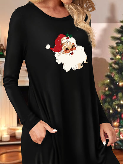 Christmas Santa Claus Print Long Sleeve Knit Dress with Pockets - Casual Round Neck Adult Dress for Fall/Winter Season