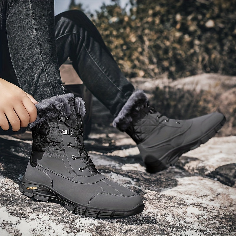 Men's Casual Snow Boots, Anti-skid Windproof High-top Lace-up Boots With Fuzzy Lining For Outdoor, Autumn And Winter