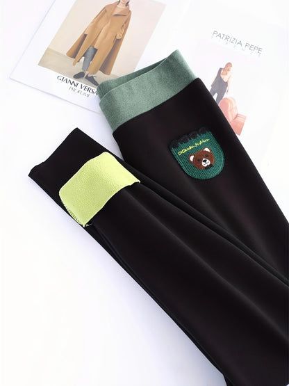 Bear Print Fleece Skinny Leggings, Elegant High Waist Thermal Leggings, Women's Clothing