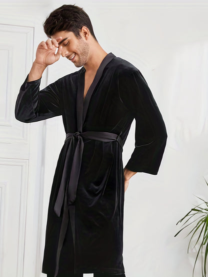 Men's Warm Flannel Soft Comfy Plain Color Robe For Home Pajamas Wear, Attractive Night-robe Sets After A Bath Fro A Good Night