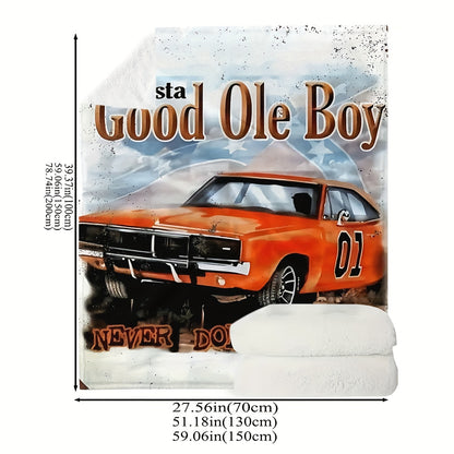 Vintage Cartoon Car Pattern Flannel Fleece Throw Blanket - Soft and Cozy Multipurpose All-Season Contemporary Blanket with Unique Embellishment for Sofa, Bed, Office, Camping, Travel - 100% Polyester Knitted Fabric