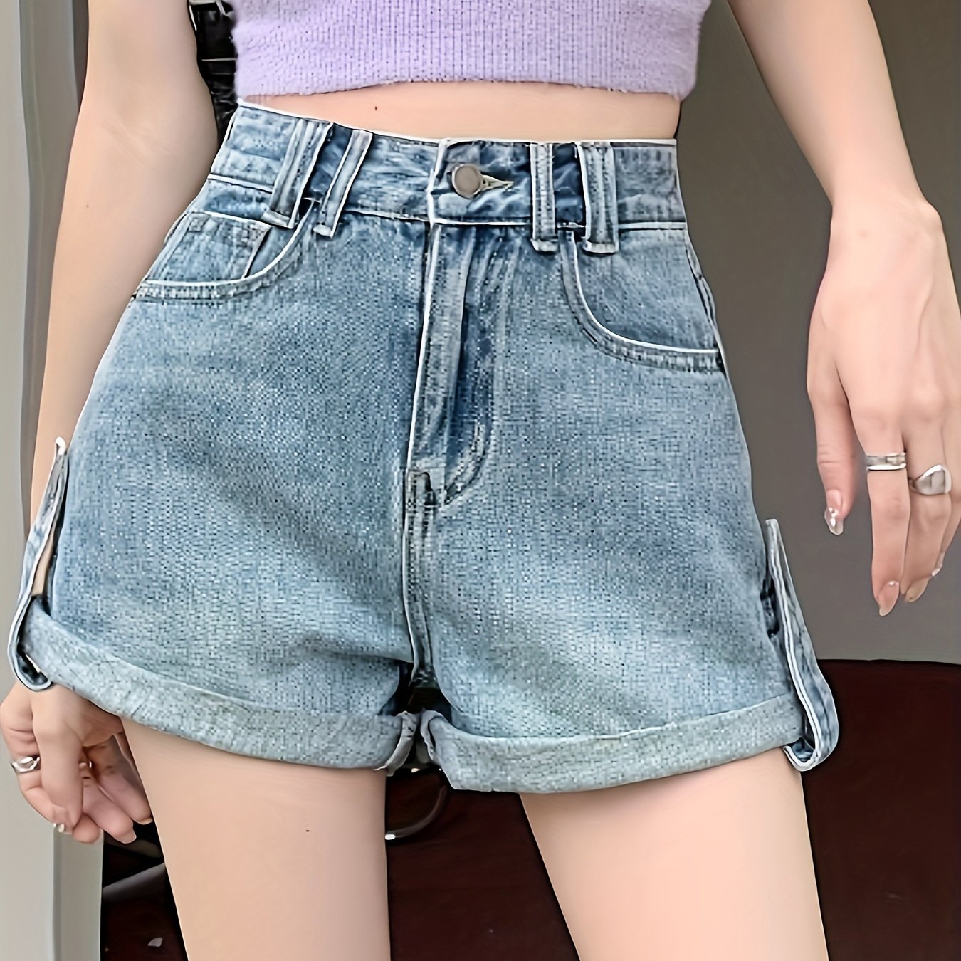 ZllKl  Women's High-Waist Denim Shorts, Casual Slimming Loose Fit With Rolled Hem, Hot Pants Comfit Fit Shorts