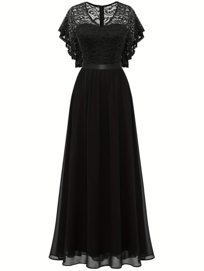 Stunning Lace Splicing V-Neck Bridesmaid Dress - Elegant Ruffle Sleeve, A-Line Floor Length, Perfect for Wedding Party - Womens Formal Clothing for Special Occasions