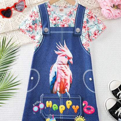 Girls Adorable 3D Elephant Print Striped Dress - Fashionable & Comfortable Crew Neck Summer Wear for Parties & Gifts