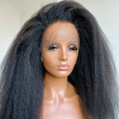 26 Inch Long Black Yaki Kinky Straight Synthetic Wig - Heat Resistant 13*4*1 Lace Front for Women - Perfect Daily Wear & Cosplay, Natural, Durable, Easy Style