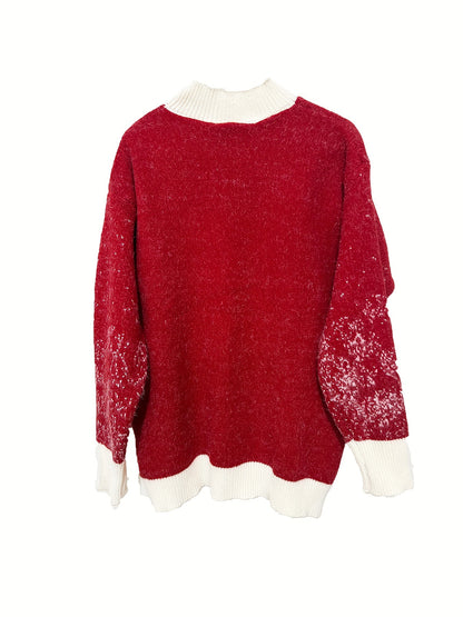 Women'S Festive Christmas Sweater, Long Sleeve, Elegant Style, Polyester, Round Neck, No Belt, Loose Fit, Pullover, Christmas Pattern, Floral Print, Mid-Stretch Fabric, Knee-Length, Leg of Mutton Sleeves, Embellished with Christmas Decor