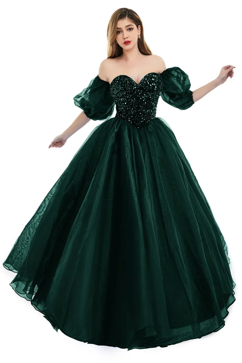 Sexy Backless Royal Blue A Line Prom Dresses  New Sequins Beads Sweetheart Corset Back Evening Quinceanera Gowns With Poet Sleeves BM3503