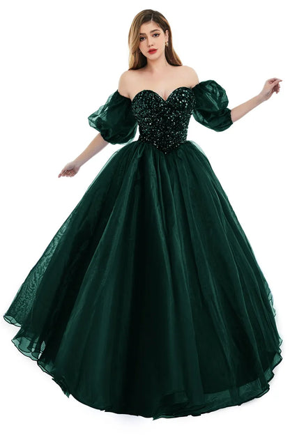 Sexy Backless Royal Blue A Line Prom Dresses  New Sequins Beads Sweetheart Corset Back Evening Quinceanera Gowns With Poet Sleeves BM3503