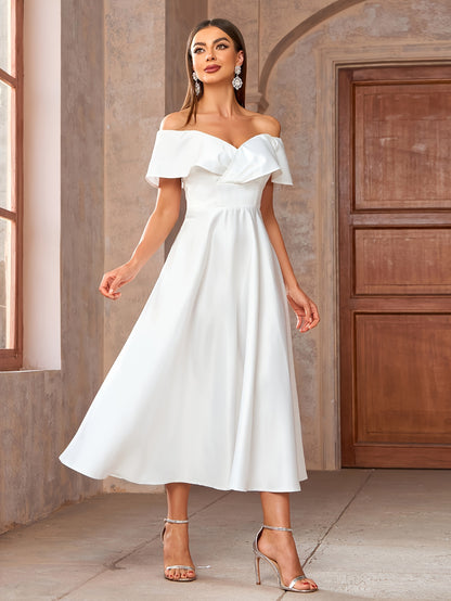 Elegant Off the Shoulder Fit and Flare Dress - Ruffle Trim, Micro Elasticity, Cinched Waist, Solid Color, Woven Polyester Fabric - Hand Wash Only, Perfect for Spring and Summer