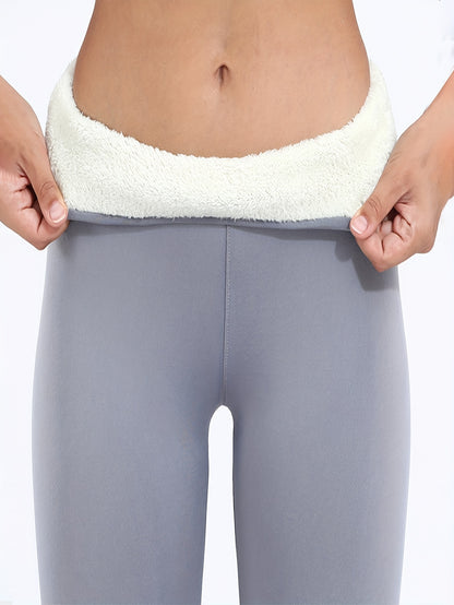Solid Fleece Skinny Leggings, Casual High Waist Thermal Leggings For Fall & Winter, Women's Clothing