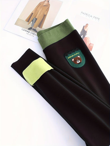 Bear Print Fleece Skinny Leggings, Elegant High Waist Thermal Leggings, Women's Clothing