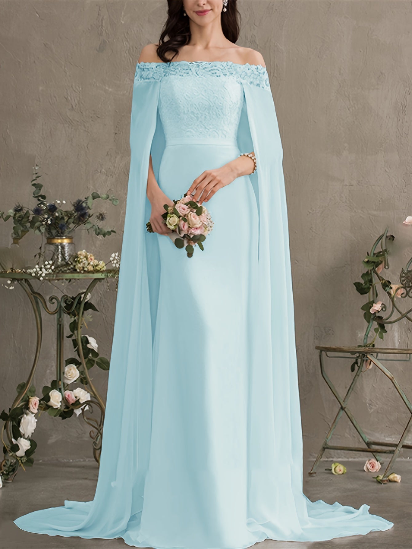 Long Length Off the Shoulder Bodycon Wedding Dress - Elegant Solid Contrast Lace Cape Design, Micro Elasticity Mesh Fabric, Pleated Hem, Chest Pad, Spring/Summer/Fall Season - Womens Elegant Occasion Dress for Wedding/Evening/Engagement/Ceremony