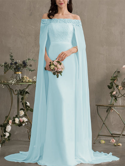 Long Length Off the Shoulder Bodycon Wedding Dress - Elegant Solid Contrast Lace Cape Design, Micro Elasticity Mesh Fabric, Pleated Hem, Chest Pad, Spring/Summer/Fall Season - Womens Elegant Occasion Dress for Wedding/Evening/Engagement/Ceremony
