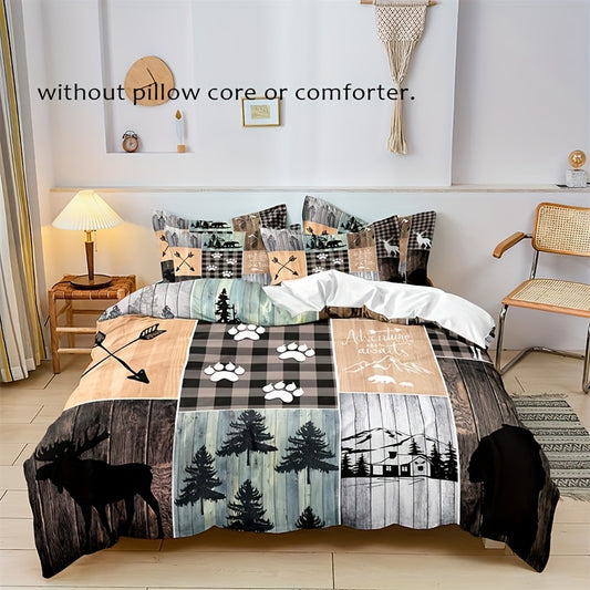 3-Piece Ultra-Soft Forest Bear Elk Duvet Cover Set - Hypoallergenic, Visually Stunning Bedding for Nature Lovers - Hotel-Quality, Breathable & Easy Care - Includes 1 Duvet Cover + 2 Pillowcases, No Core
