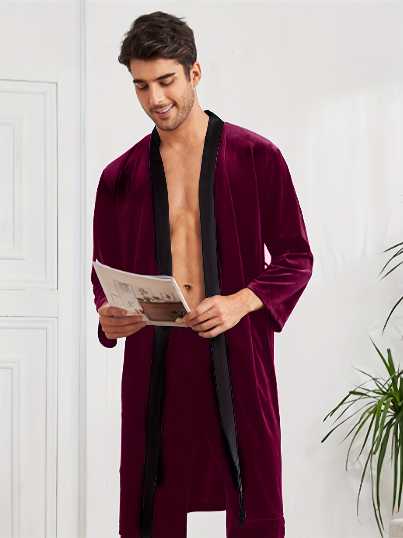 Men's Warm Flannel Soft Comfy Plain Color Robe For Home Pajamas Wear, Attractive Night-robe Sets After A Bath Fro A Good Night