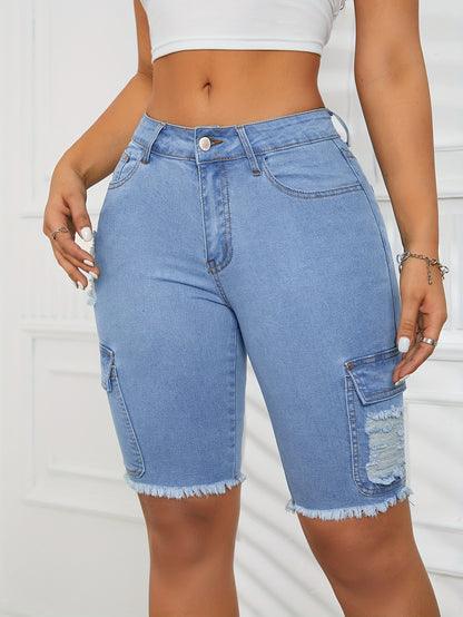 ZllKl  Ripped Side Flap Pocket Cargo Denim Shorts, Raw Hem Distressed Plain Washed Blue High Rise Bermuda Denim Shorts, Women's Denim Jeans & Clothing